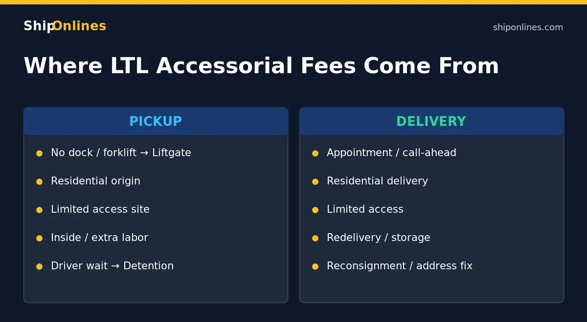 Common LTL accessorial fees by pickup and delivery condition