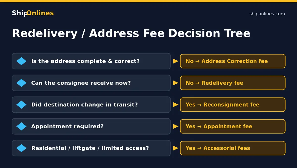 Decision tree for LTL redelivery and address correction fees